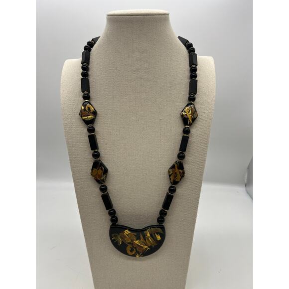 Vintage Black Wooden Lacquer Hand Painted Asian Dragon Abstract Japan Necklace - Picture 4 of 8